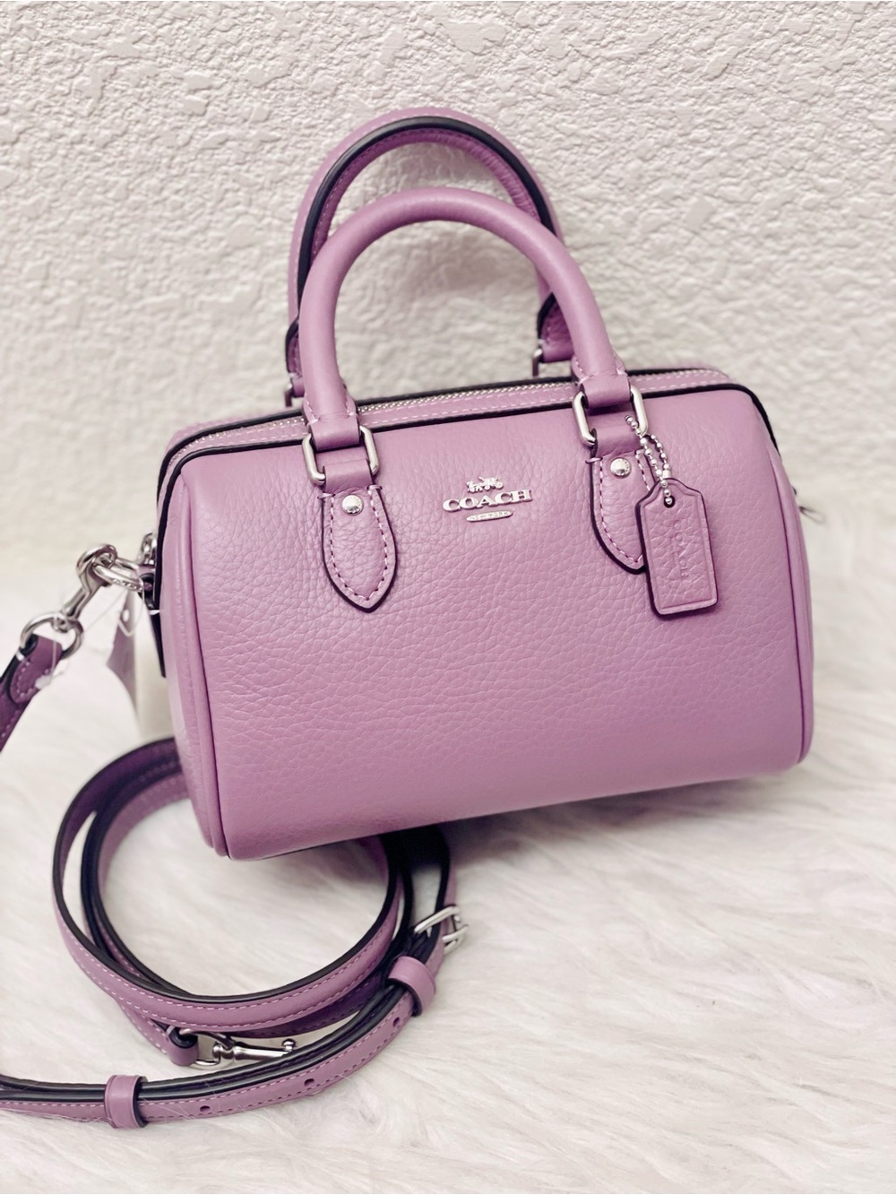 NWT COACH Mini Rowan Crossbody Bag In Pebble Leather Silver/Jasmine CW328